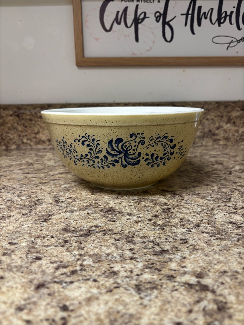 Pyrex Yellow Mixing Bowl with Blue Floral Scroll Band